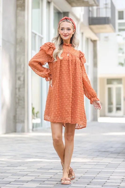 And The Why Lovely Ruffle Shoulder with Textured Woven Dress - VeauBeauty