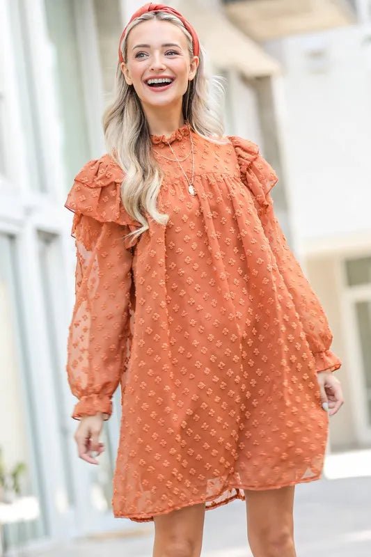And The Why Lovely Ruffle Shoulder with Textured Woven Dress - VeauBeauty