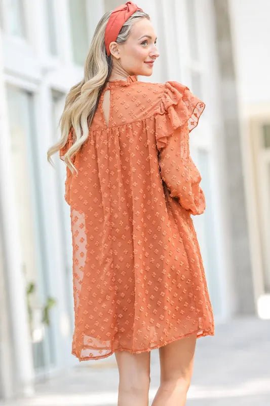And The Why Lovely Ruffle Shoulder with Textured Woven Dress - VeauBeauty