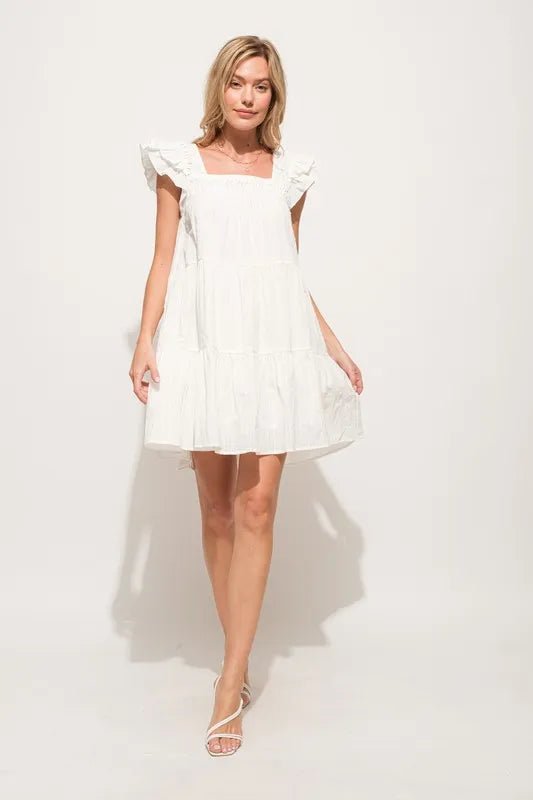 And The Why Origami Pleating Ruffled Sleeve Tiered Dress - VeauBeauty