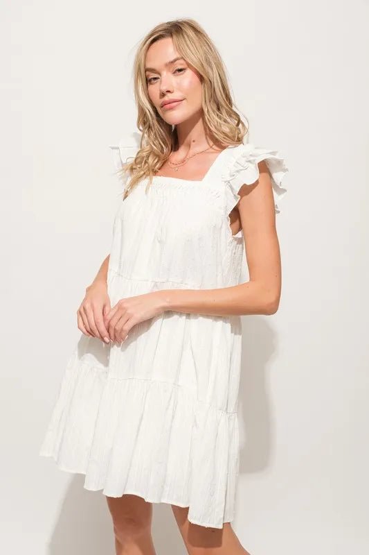 And The Why Origami Pleating Ruffled Sleeve Tiered Dress - VeauBeauty