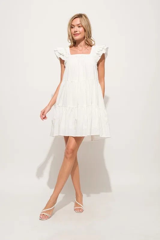 And The Why Origami Pleating Ruffled Sleeve Tiered Dress - VeauBeauty