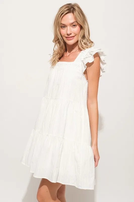 And The Why Origami Pleating Ruffled Sleeve Tiered Dress - VeauBeauty