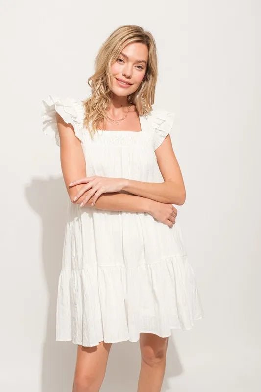 And The Why Origami Pleating Ruffled Sleeve Tiered Dress - VeauBeauty