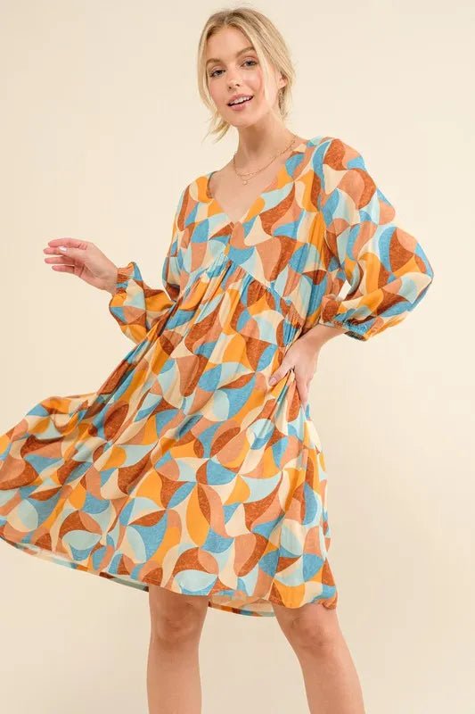 And The Why Printed Open Back Puff Sleeve Casual Dress - VeauBeauty