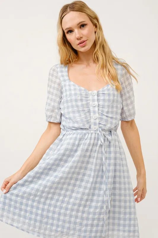 And The Why Puff Sleeve Ruched Button Front Gingham Dress - VeauBeauty