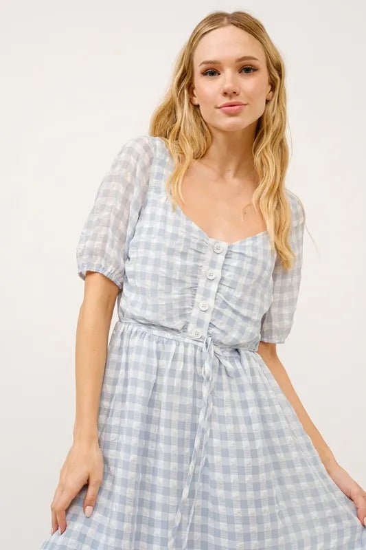 And The Why Puff Sleeve Ruched Button Front Gingham Dress - VeauBeauty