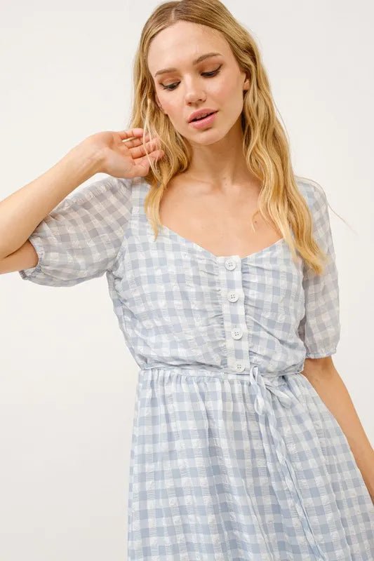 And The Why Puff Sleeve Ruched Button Front Gingham Dress - VeauBeauty