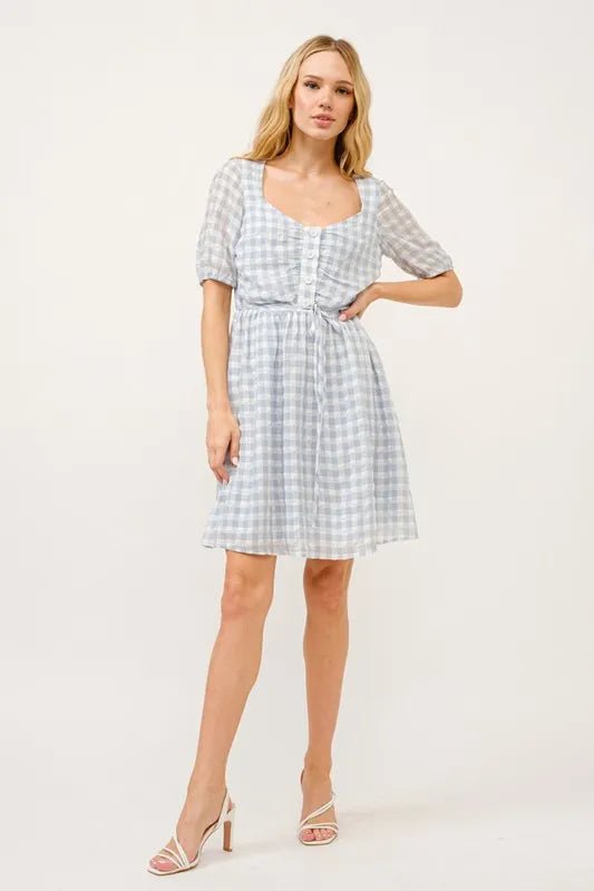 And The Why Puff Sleeve Ruched Button Front Gingham Dress - VeauBeauty