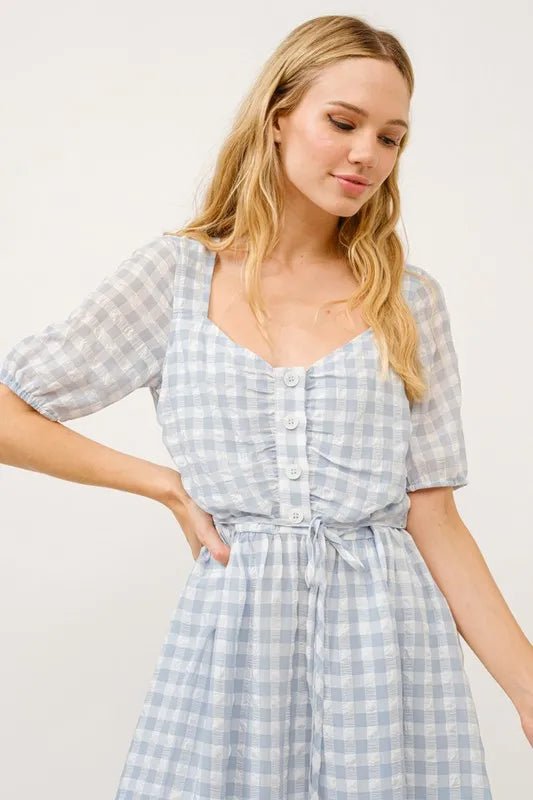 And The Why Puff Sleeve Ruched Button Front Gingham Dress - VeauBeauty
