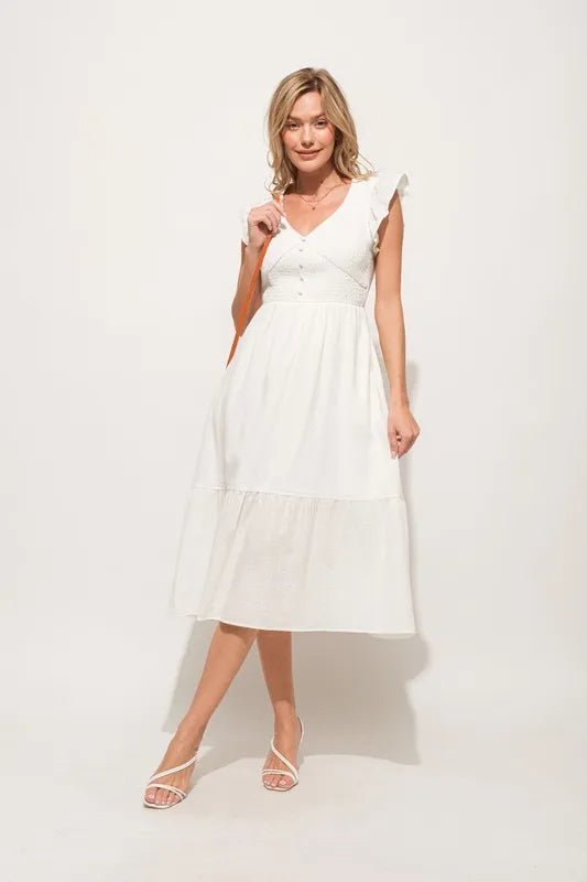 And The Why Ruffle Sleeve Front Smocked Tiered Midi Dress - VeauBeauty