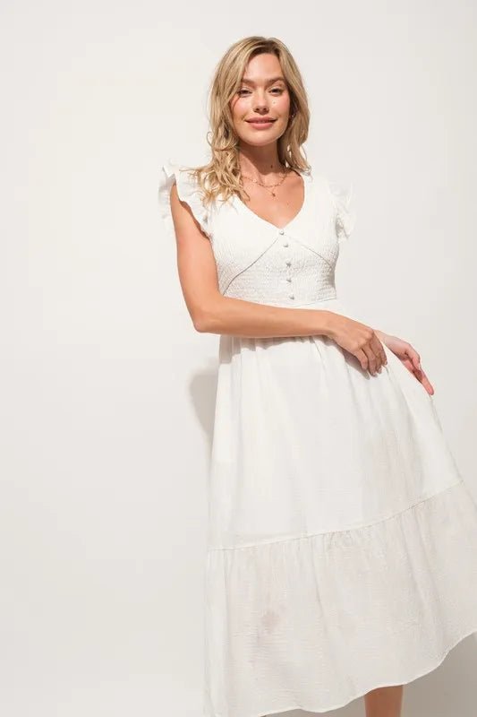And The Why Ruffle Sleeve Front Smocked Tiered Midi Dress - VeauBeauty