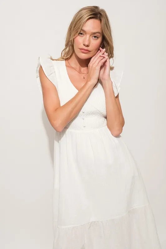 And The Why Ruffle Sleeve Front Smocked Tiered Midi Dress - VeauBeauty