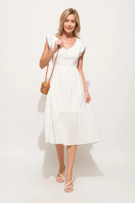 And The Why Ruffle Sleeve Front Smocked Tiered Midi Dress - VeauBeauty