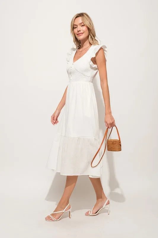 And The Why Ruffle Sleeve Front Smocked Tiered Midi Dress - VeauBeauty