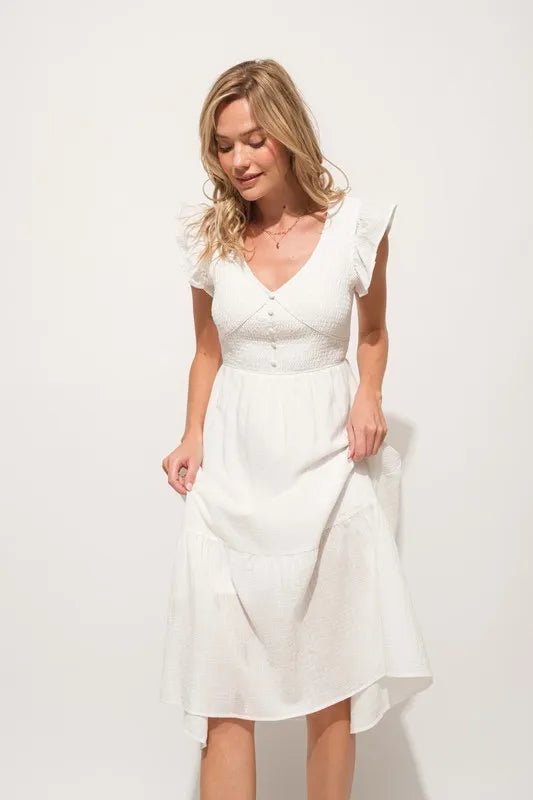 And The Why Ruffle Sleeve Front Smocked Tiered Midi Dress - VeauBeauty