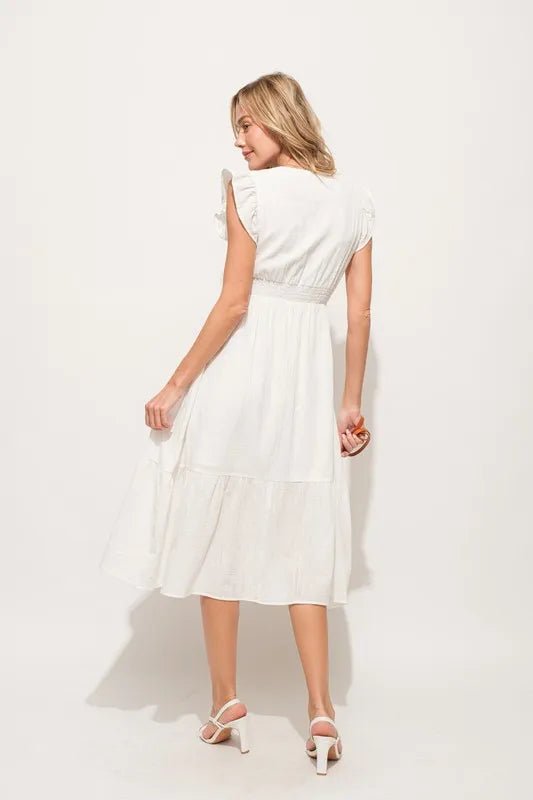 And The Why Ruffle Sleeve Front Smocked Tiered Midi Dress - VeauBeauty