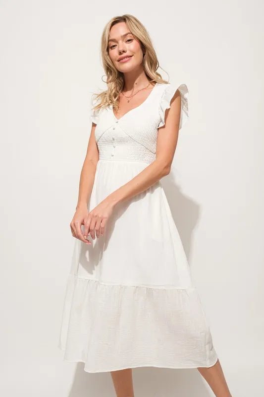 And The Why Ruffle Sleeve Front Smocked Tiered Midi Dress - VeauBeauty