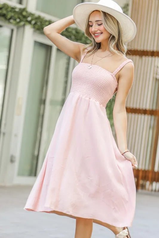 And The Why Smocking Open - Back Sleeveless Midi Dress - VeauBeauty