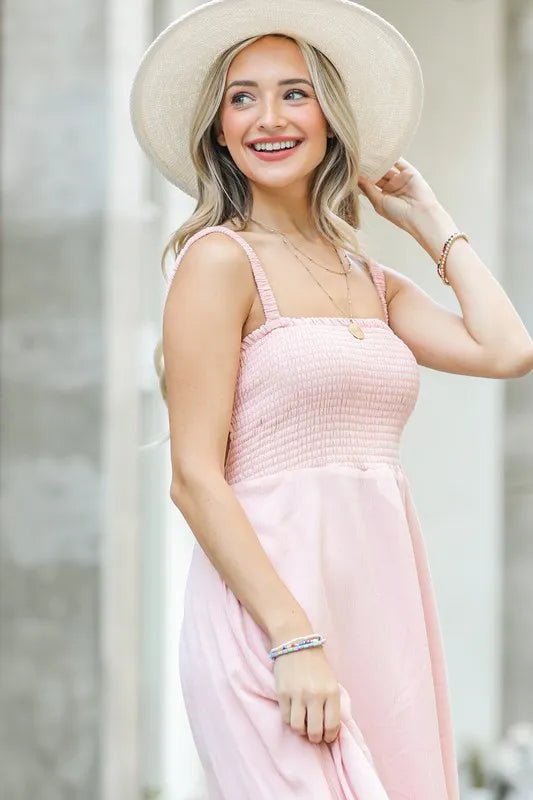 And The Why Smocking Open - Back Sleeveless Midi Dress - VeauBeauty