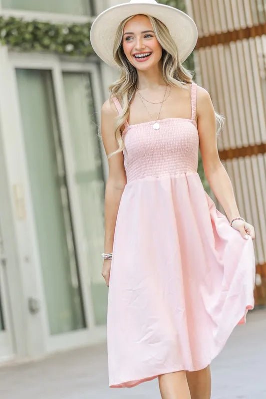 And The Why Smocking Open - Back Sleeveless Midi Dress - VeauBeauty