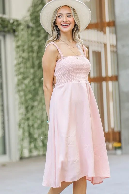 And The Why Smocking Open - Back Sleeveless Midi Dress - VeauBeauty