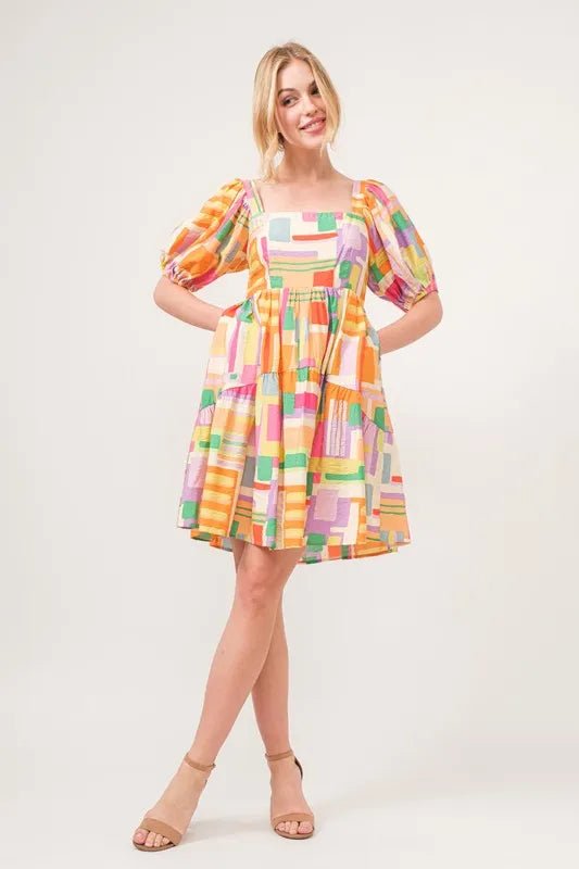 And The Why Square Neck Puff Sleeve Geo Printed Mini Dress - VeauBeauty