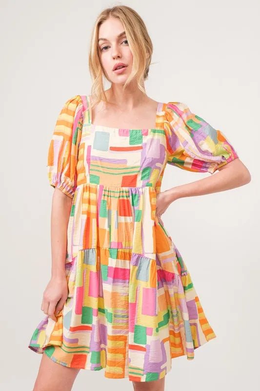 And The Why Square Neck Puff Sleeve Geo Printed Mini Dress - VeauBeauty