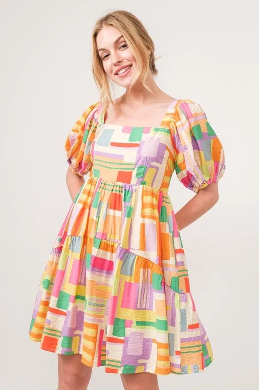 And The Why Square Neck Puff Sleeve Geo Printed Mini Dress - VeauBeauty