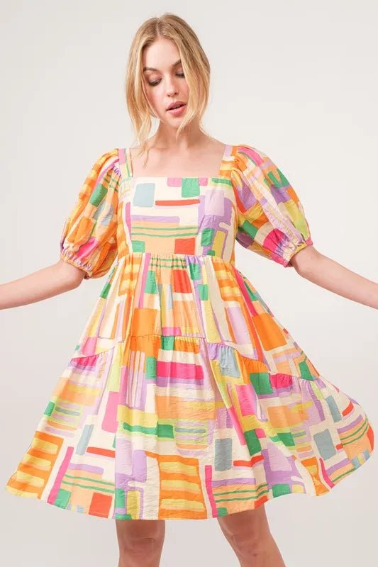 And The Why Square Neck Puff Sleeve Geo Printed Mini Dress - VeauBeauty