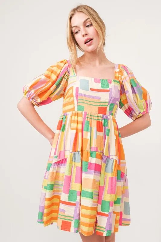 And The Why Square Neck Puff Sleeve Geo Printed Mini Dress - VeauBeauty