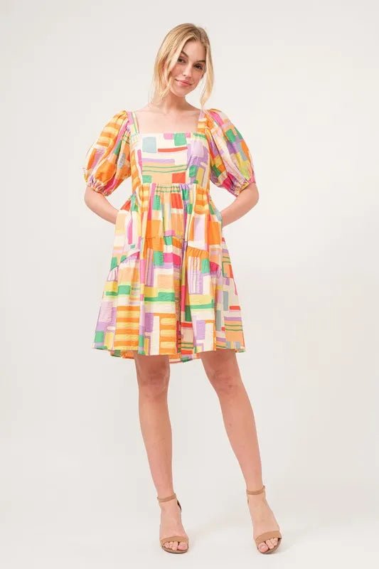 And The Why Square Neck Puff Sleeve Geo Printed Mini Dress - VeauBeauty
