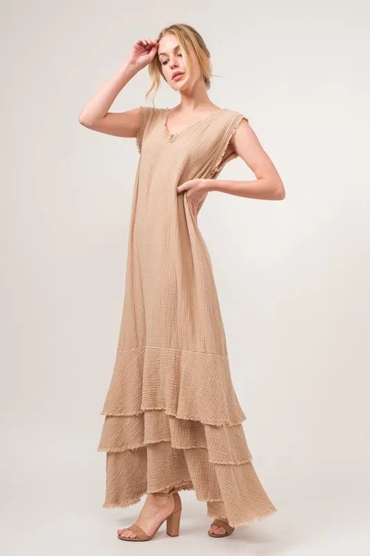 And The Why Washed Cotton Gauze Fringe Detail Tiered Dress - VeauBeauty
