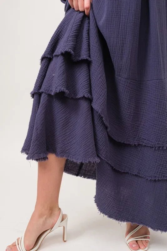 And The Why Washed Cotton Gauze Fringe Detail Tiered Dress - VeauBeauty