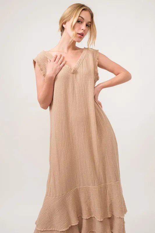 And The Why Washed Cotton Gauze Fringe Detail Tiered Dress - VeauBeauty