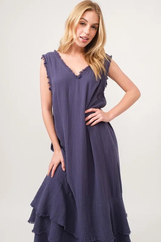 And The Why Washed Cotton Gauze Fringe Detail Tiered Dress - VeauBeauty