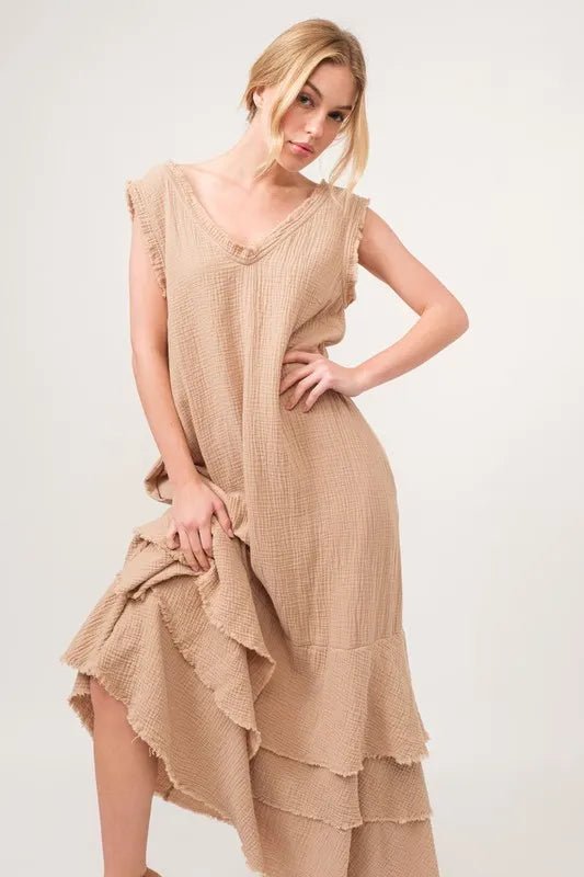 And The Why Washed Cotton Gauze Fringe Detail Tiered Dress - VeauBeauty