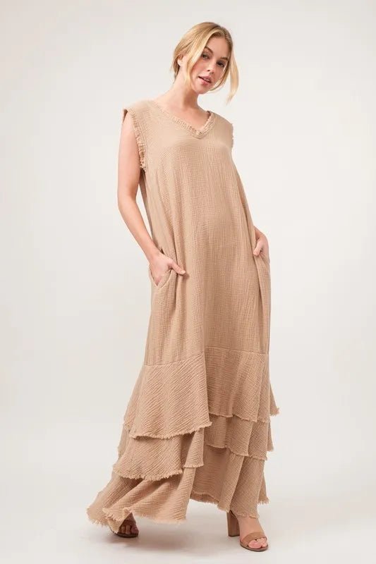 And The Why Washed Cotton Gauze Fringe Detail Tiered Dress - VeauBeauty