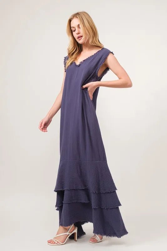 And The Why Washed Cotton Gauze Fringe Detail Tiered Dress - VeauBeauty