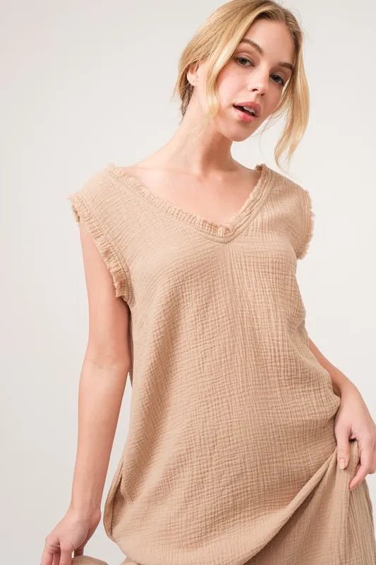 And The Why Washed Cotton Gauze Fringe Detail Tiered Dress - VeauBeauty