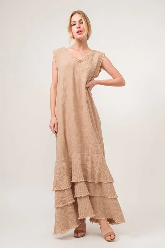 And The Why Washed Cotton Gauze Fringe Detail Tiered Dress - VeauBeauty