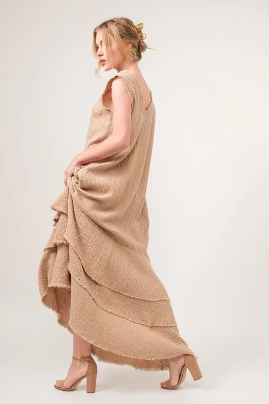 And The Why Washed Cotton Gauze Fringe Detail Tiered Dress - VeauBeauty