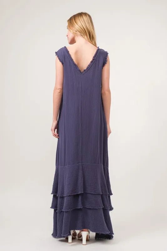 And The Why Washed Cotton Gauze Fringe Detail Tiered Dress - VeauBeauty