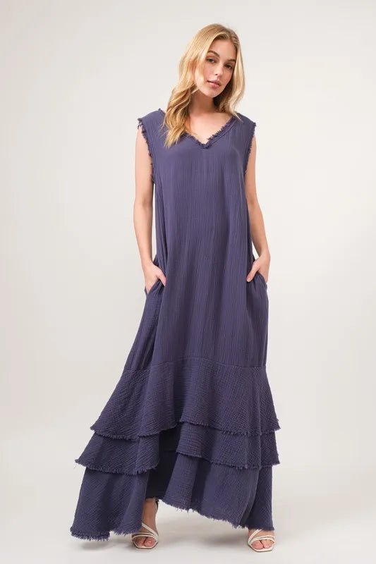 And The Why Washed Cotton Gauze Fringe Detail Tiered Dress - VeauBeauty