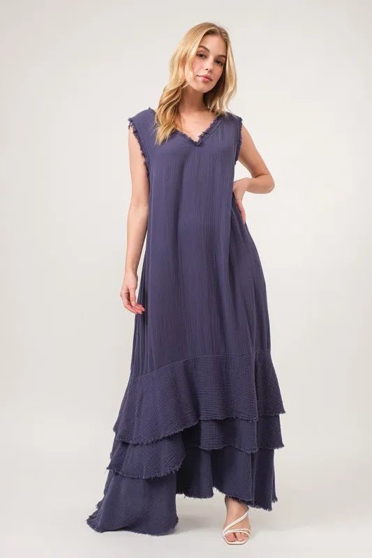 And The Why Washed Cotton Gauze Fringe Detail Tiered Dress - VeauBeauty