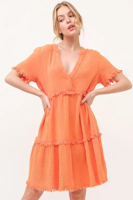 And The Why Washed Frayed Detail Tiered Dress - VeauBeauty