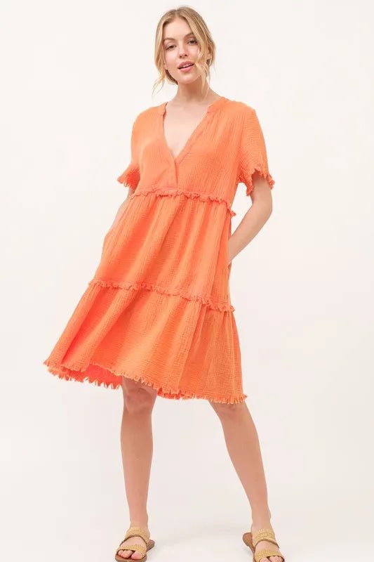 And The Why Washed Frayed Detail Tiered Dress - VeauBeauty