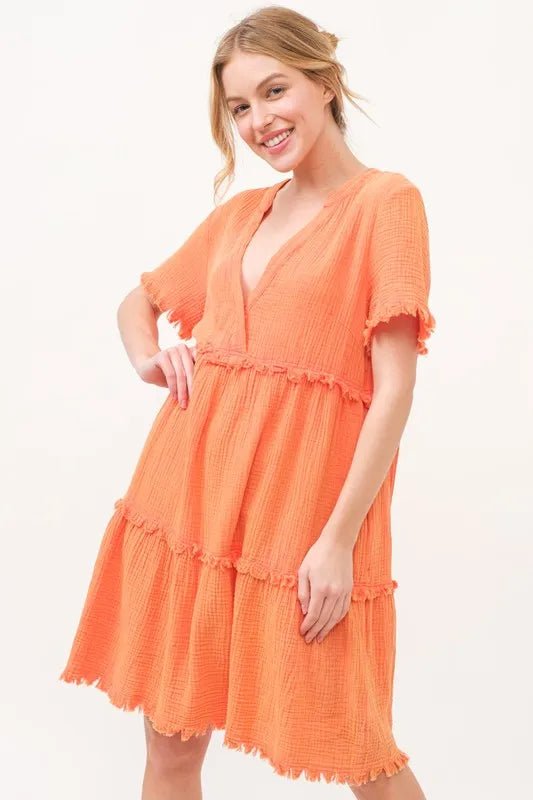 And The Why Washed Frayed Detail Tiered Dress - VeauBeauty