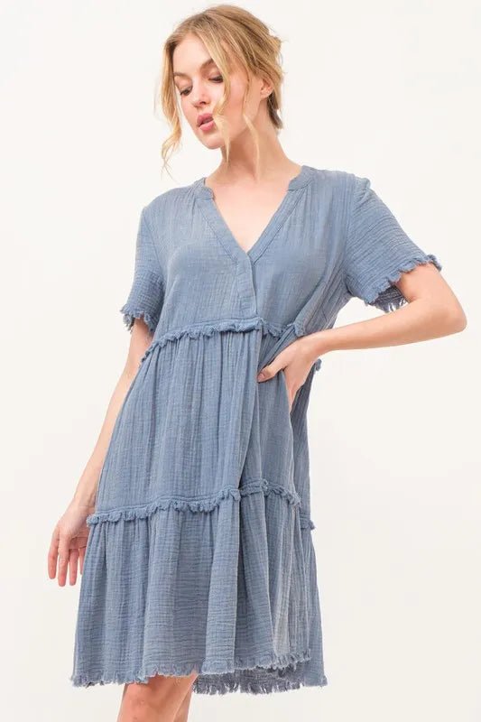 And The Why Washed Frayed Detail Tiered Dress - VeauBeauty