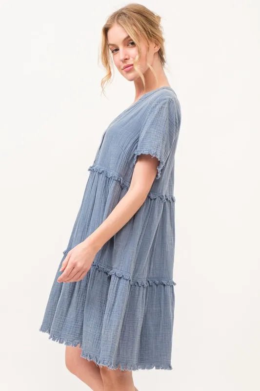 And The Why Washed Frayed Detail Tiered Dress - VeauBeauty